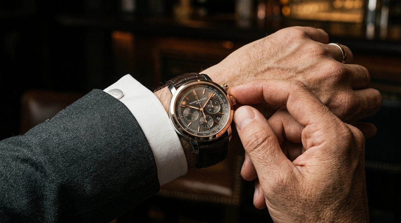 Time Trove BD dress watch worn on wrist with tailored cashmere coat